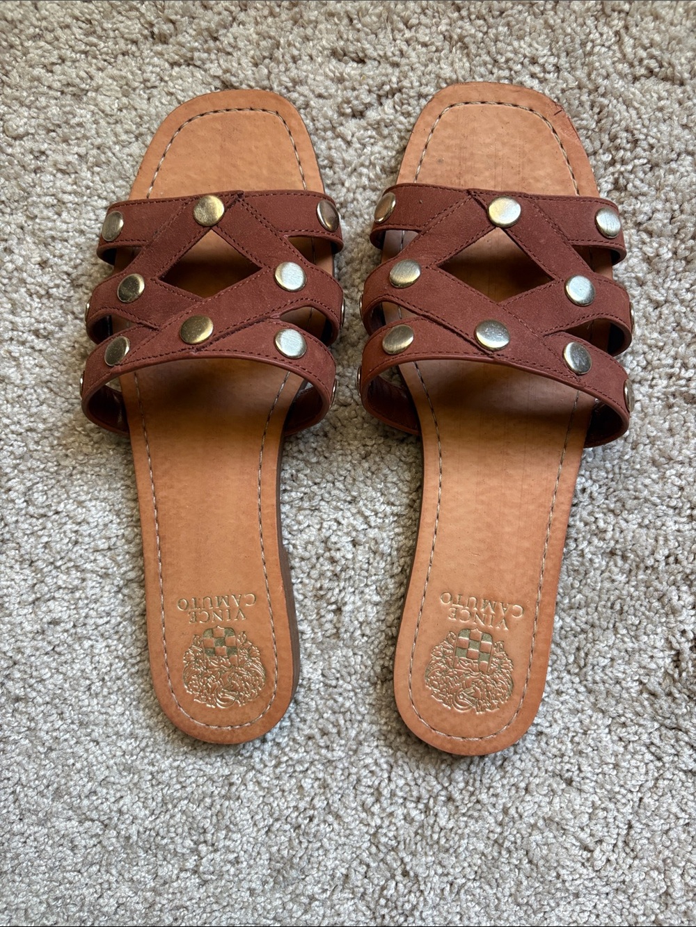 Vince Camuto Chestnut Brown Leather Studded Slide Sandals